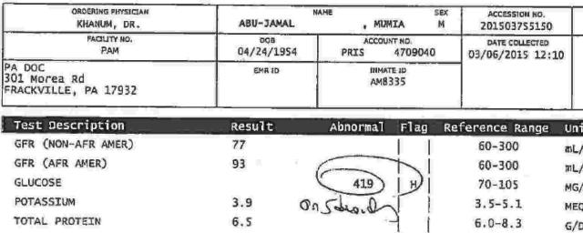 Lab results from Abu-Jamal's medical record